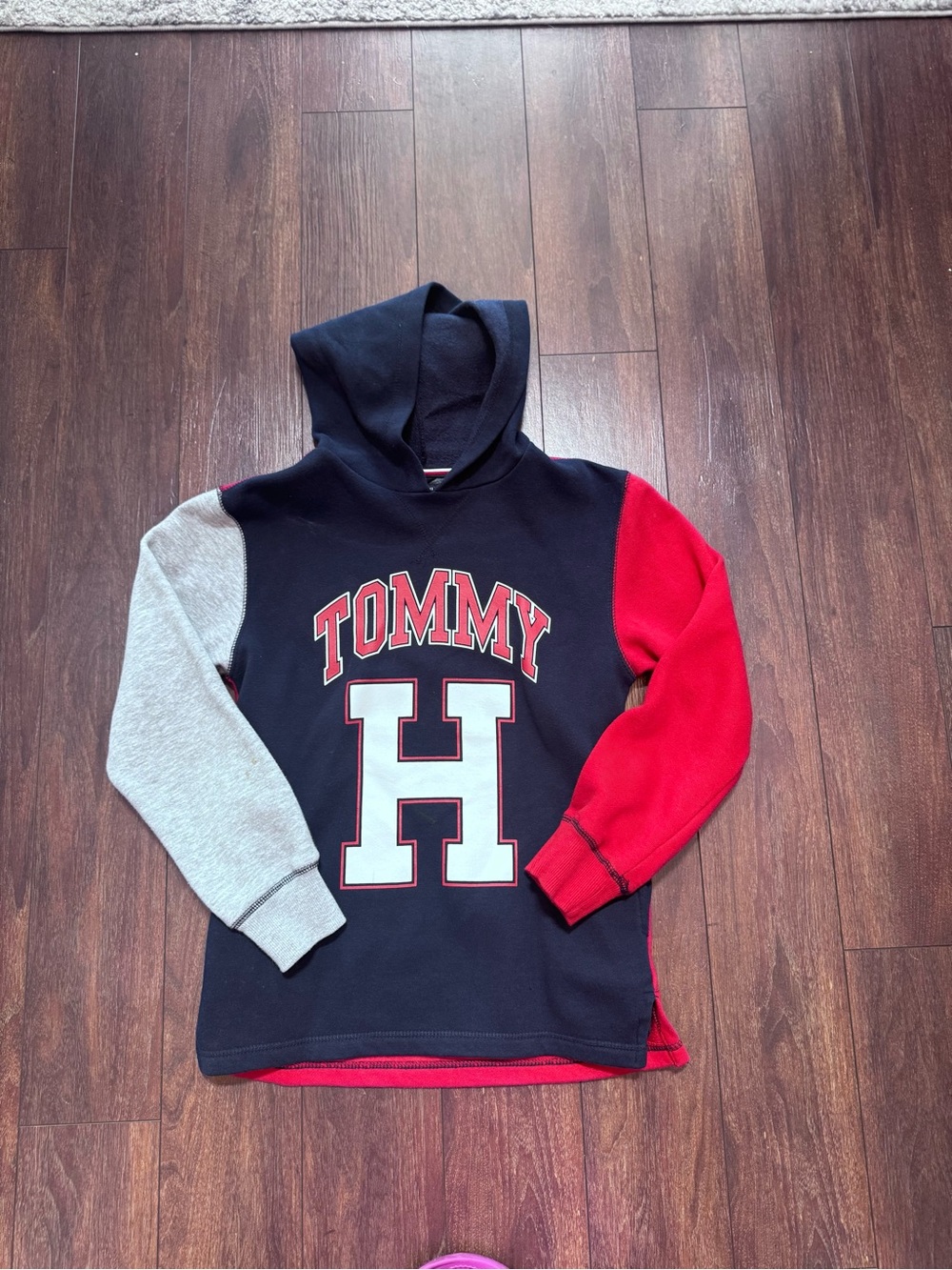 Tommy Hilfiger Navy Blue Crewneck Hoodie with Red and Gray Sleeves